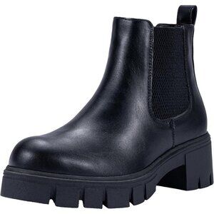 Vepose Women's Black Faux Chelsea Leather Lug Sole Elastic Slip on Ankle Booties